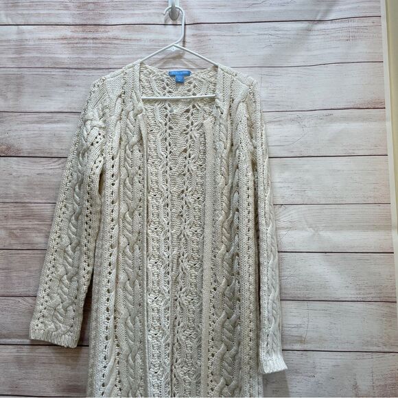 WHITE + WARREN MAXI LENGTH CABLE KNIT SWEATER IN CREAM - Picture 2 of 6
